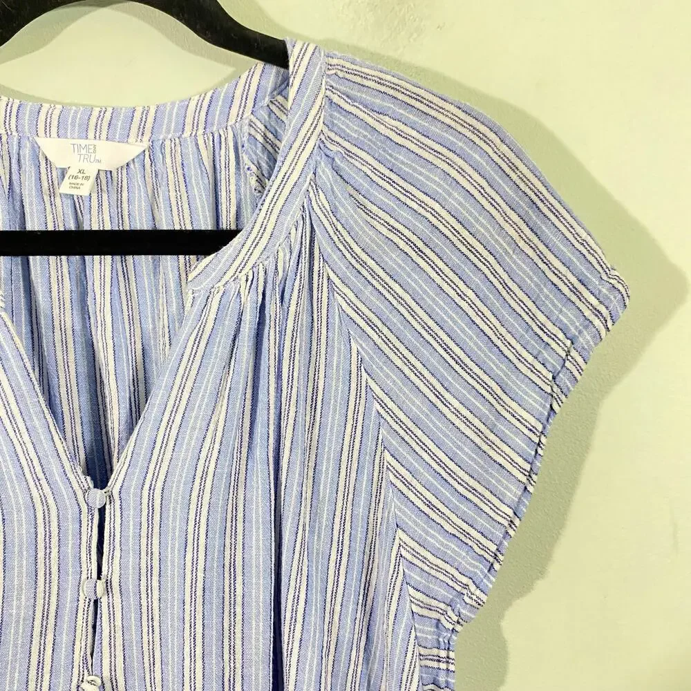 Time & Tru Women's Blue Striped Cap Sleeves Linen Blend Top Size XL (16-18)